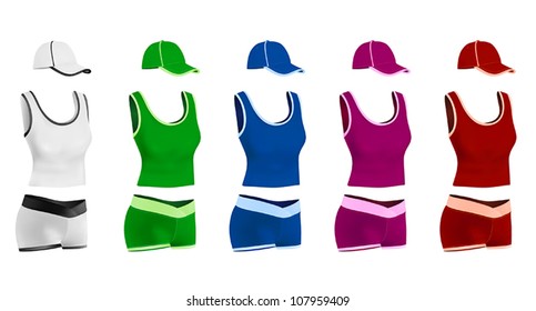 Women's blank sport t-shirt, shorts and hat template set.