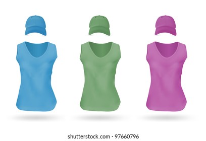 Women's blank sport t-shirts and caps template set.