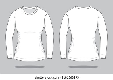 Women's Blank White Long Sleeve T-Shirt Template on Gray Background. Front and Back Views, Vector File.