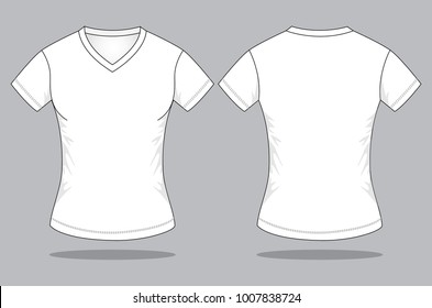 Women's Blank White Short Sleeve V-Neck T-Shirt Template on Gray Background. Front and Back Views, Vector File.