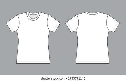 Women's Blank White Short Sleeve T-Shirt Template On Gray Background.Front and Back View, Vector File