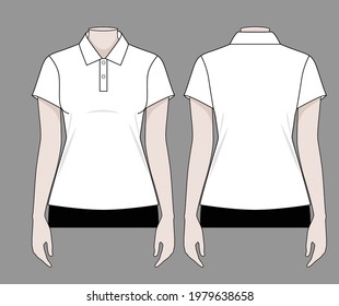 Vector de plantilla de camisas polo de manga corta blanca de las mujeres en fondo gris.Vista frontal y trasera.