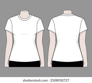 Women's Blank White Short Sleeve T-Shirt Template on Gray Background. Front and Back Views, Vector File.