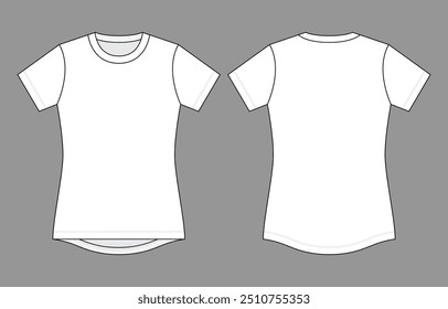 Women's Blank White Short Sleeve T-Shirt with Curve Hem Long in Back, Short in Front Template on Gray Background, Vector File.