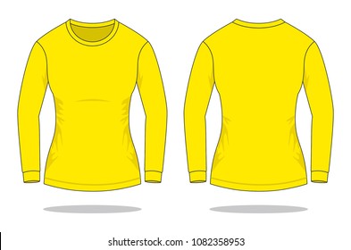 Women's Blank Yellow Long Sleeve T-Shirt Template on White Background. Front and Back Views, Vector File.