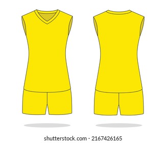 Women's blank yellow sleeveless volleyball jersey template on white background.Front and back view, vector file.