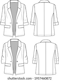 Women's Blazer Jacket Set- Jacket technical fashion illustration. Flat apparel jacket template front and back, white colour. Women's CAD mock-up.