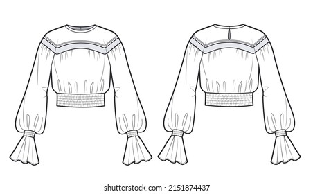 Women's Blouse with balloon sleeves fashion CAD. Girl's wrapped Top with frills and waistband fashion flat technical sketch template, front, back view, white color.