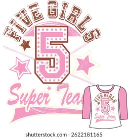 Women's blouse with a sports theme and the number five with text: five girls and super team.