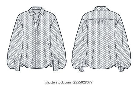 Womens Blouse technical fashion illustration, geometric pattern. Balloon Sleeve Blouse fashion design, button collar, cuffs, front and back view, grey, women CAD mockup.