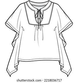 womens blouse with tie neck fashion flat sketch vector illustration technical cad drawing template.