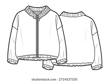 Womens blouson bomber jacket vector design mockup template technical flat sketch.