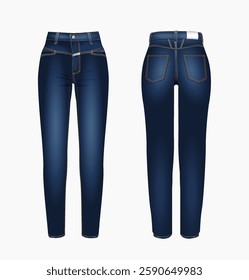 Women's blue jeans on a white background. Front and back view. Vector realistic illustration