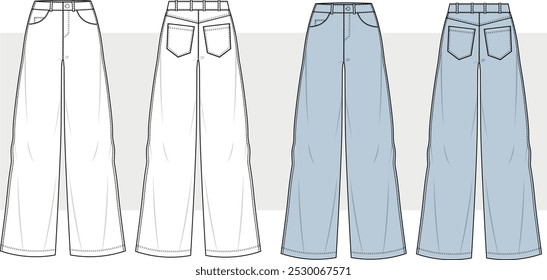 women's blue Jeans wide leg, denim pants technical fashion illustration front and back view. fashion design new style jean. 