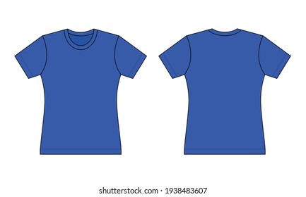 Women's Blue Short Sleeve T-Shirt Template on Gray Background. Front and Back Views, Vector File.