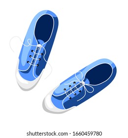 Women's blue sneakers with laces. Comfortable shoes for sports and Hiking. Vector image in the cartoon style, isolated on a white background.