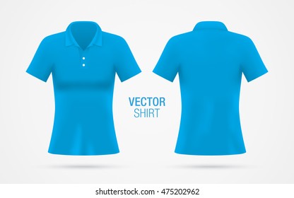 Women's Blue Vector Polo Shirt Template Isolated On Background. Women's Classic Blue Shirt Realistic Mockup.