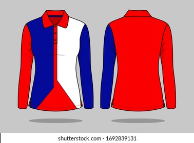 Women's With Blue-Red-white Long Sleeve Polo Shirt Design Vector.Front and Back View.