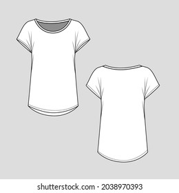 Womens boat neck kimono sleeve round hem t shirt top blouse flat sketch technical drawing template design vector