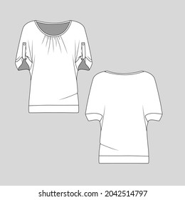 Womens boat neck oversized roll tab elbow length sleeve t shirt top blouse Fashion flat sketch technical drawing template design vector
