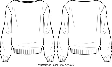 Dulce de Cuello de Barco para Mujeres - Dibujo de moda técnica de suéter. Plantilla de suéter de prendas planas, frontal y posterior, de color blanco. Burla de CAD de mujeres.