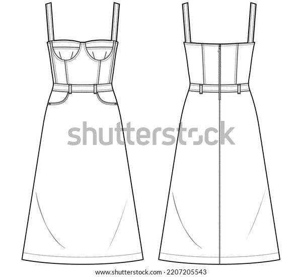 womens bodice dress flat\
sketch vector illustration front and back view technical drawing\
template