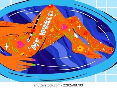 Women's body in the bathroom painted with paint. Women power and self-care. Love yourself. Girls individuality, self acceptance and self expression. Vector illustration in modern cartoon style.