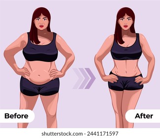 Women's body changes before and after fitness show vector illustrations