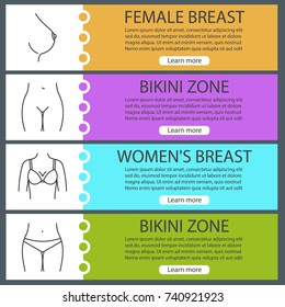 Women's body parts web banner templates set. Breast and bikini zone. Website color menu items with linear icons. Vector headers design concepts