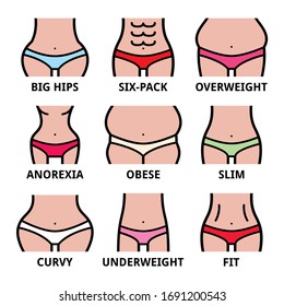 Women's body type, different size, body shapes vector icons set isolated on white 
