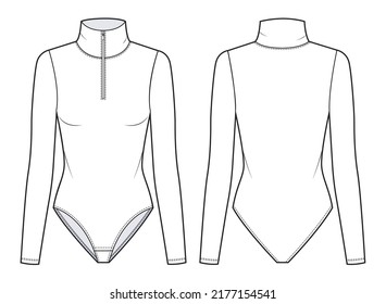 Women's Bodysuit fashion flat technical drawing template. Long Sleeve zipper up Bodysuit  fashion Cad, front and back view, white, mockup.