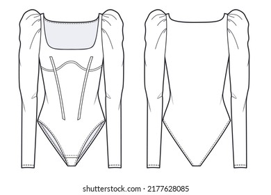 Women`s Bodysuit fashion flat technical drawing template. Long Sleeve Bodysuit with square neckline fashion Cad, front and back view, white, mockup.