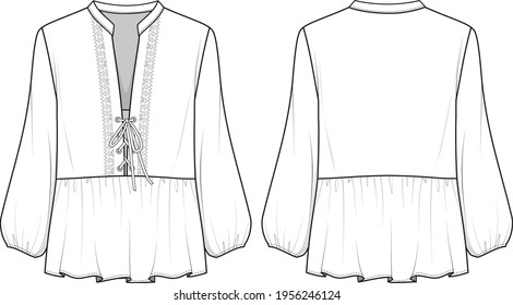 Women's Boho Style, Lace-up, Lace Trimmed Blouse- Blouse technical fashion illustration. Flat apparel blouse template front and back, white colour. Women's CAD mock-up.