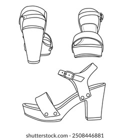 Women's Bold Buckles Studded Wedge Sandal Line art,Technical sketch hand drawing outline vector doodle illustration various view isolated on white background