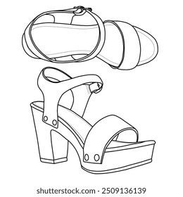 Women's Bold Buckles Studded Wedge Sandal Line art,Technical sketch hand drawing outline vector doodle illustration top and side view isolated on white background