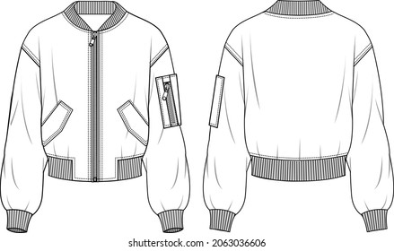Women's Bomber Jacket. Jacket technical fashion illustration. Flat apparel jacket template front and back, white color. Women's CAD mock-up.