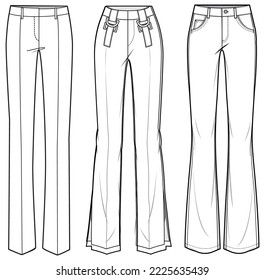 Women's Boot cut flare pants  trouser flat sketch fashion illustration front view, Slim fit Wide leg bootcut pant design vector template mockup 