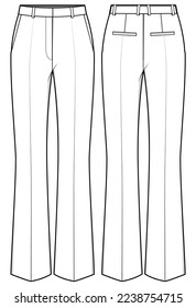 Women's Boot cut flare pants  trouser flat sketch fashion illustration front and  back view, Slim fit Wide leg bootcut sartorial pants design vector template mockup 