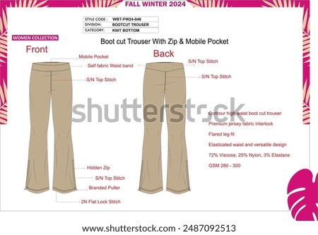 Women's Boot cut trouser, hidden zip at bottom opening. mobile holding pocket in waist band. 