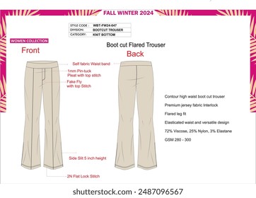 Women's Boot cut trouser. side slit, fake fly. 1mm pin tuck pleat at front.