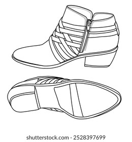 Damen Bootie Knöchel Stiefel Schuhe mit Gurt Line Art, Technische Skizze Handzeichnung Umriss Vektor Doodle Illustration Seite und Unterseite einzeln auf weißem Hintergrund