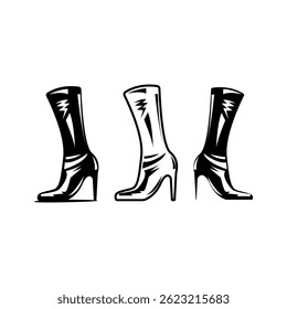 Women's boots. Black and white vector illustration on a white background.