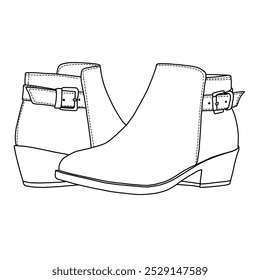 Damen Stiefel Chunky Low Heel Stiefeletten Schuhe mit Gurt Linie Kunst, Technische Skizze Handzeichnung Umriss Vektor Doodle Illustration hinten und Seite 3D Isometrische Ansicht einzeln auf weißem Hintergrund