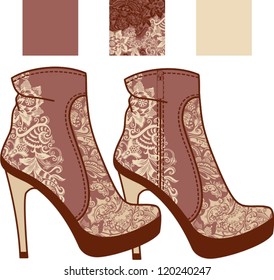 Women's boots decorated with vintage lace and embroidery. Vector illustration.