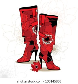 Womens boots with flower pattern - vektor drawing