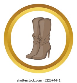 Womens boots high heel vector icon in golden circle, cartoon style isolated on white background