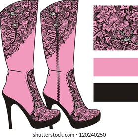 Women's boots high heels decorated with vintage lace and embroidery. Vector illustration.
