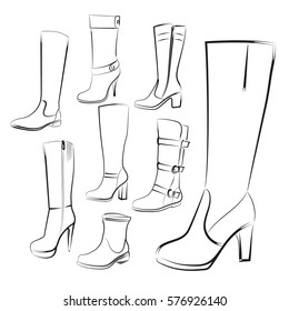 Women's boots set. Hand drawing high boots and boots on a white background