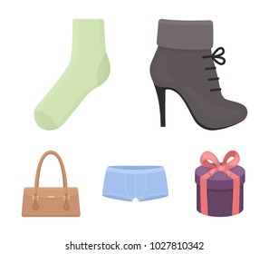 Women's boots, socks, shorts, ladies' bag. Clothing set collection icons in cartoon style vector symbol stock illustration web.