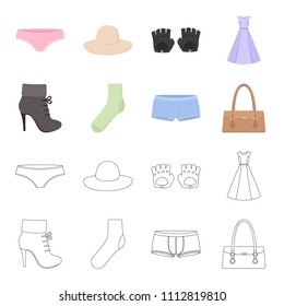 Women's boots, socks, shorts, ladies' bag. Clothing set collection icons in cartoon,outline style vector symbol stock illustration web.